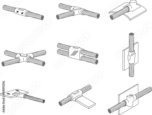 Vector sketch illustration of silhouette design of cable connection collection for lightning rod installation