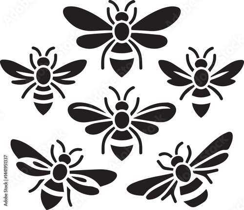 Buzzing Bee Silhouette: A symmetrical collection of six artistic silhouettes of bees, set against a stark background, embodying simplicity and natural symbolism.