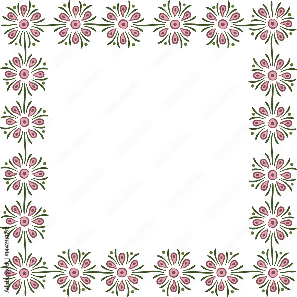 Square garland with schematic flowers. Illustration made with flowers on a white background creating a rectangular border. Square garland with schematic flowers. Illustration made with flowers on a white background creating a rectangular border.