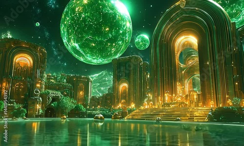Golden futuristic city with glowing emerald spheres