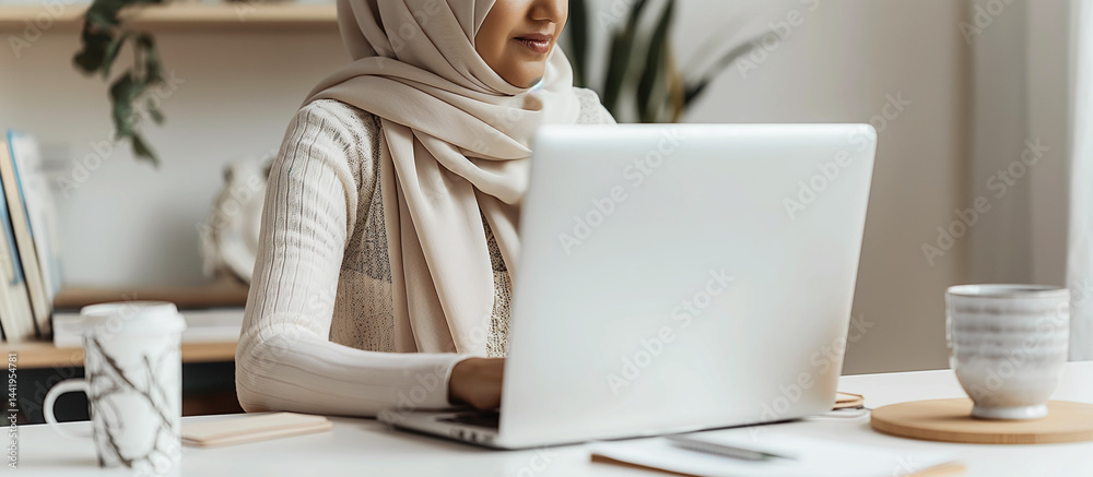 Bright Workstation: White desk with laptop, mug and notepad, hijabi woman typing in soft-focus