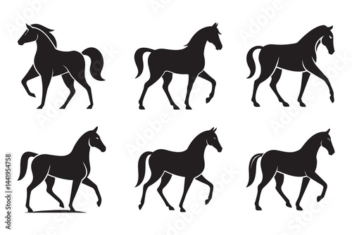 Set of Black Silhouette Horses in Various Poses – Elegant Vector Design Collection