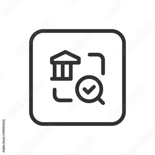 Bank Search with Check Mark – Verified Financial Institution or Approved Account Icon