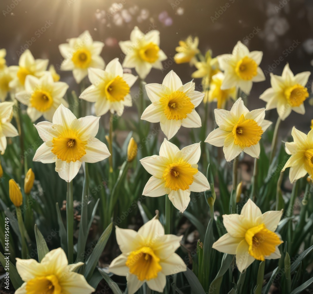 Fototapeta premium Close-up of cheerful daffodils, petals unfurling, vibrant spring scene, light, botany, golden