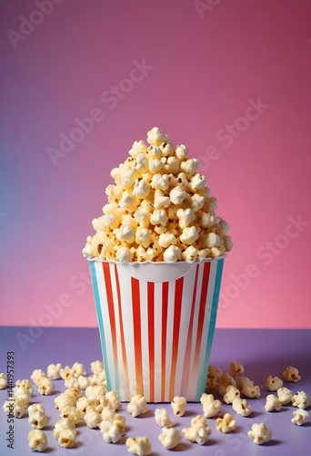 Popcorn overflowing from a striped cup set against a bright, colorful backdrop