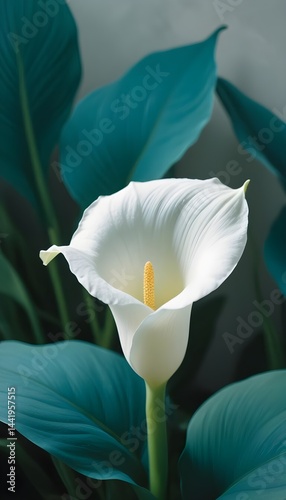 A white calla lily stands prominently in front of lush green leaves, showcasing its elegant shape and color contrast