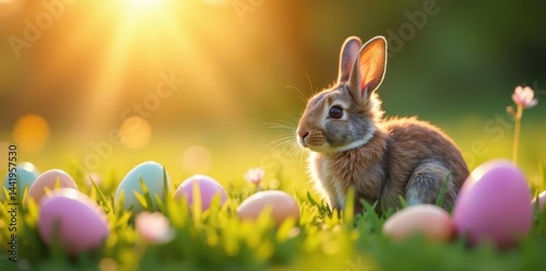 Sunrise illuminates fluffy bunny nestled amongst pastel Easter eggs in spring meadow , grass, blue