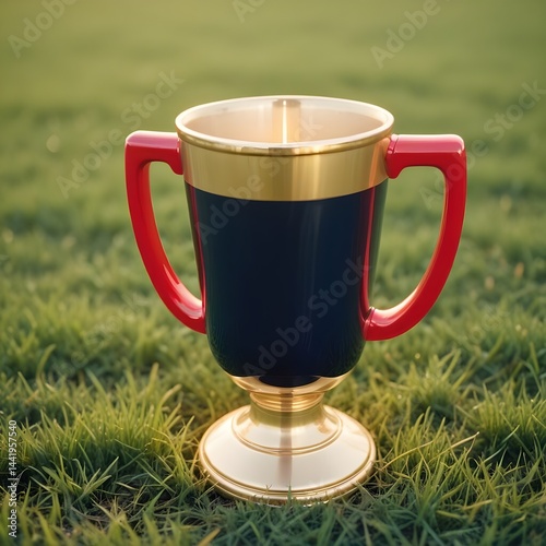 A shiny trophy cup placed on a patch of green grass, symbolizing achievement and victory