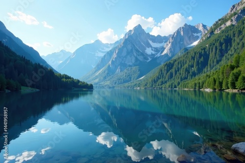 Serene mountain lake, clear water, majestic peaks, serene, blue