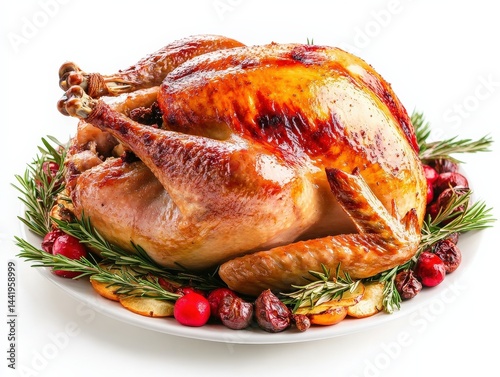 A beautifully presented roasted turkey with crispy skin, isolated on white background