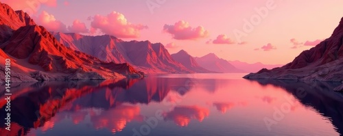 Rugged red mountains reflected in the calm Red Sea water , view, cliffs