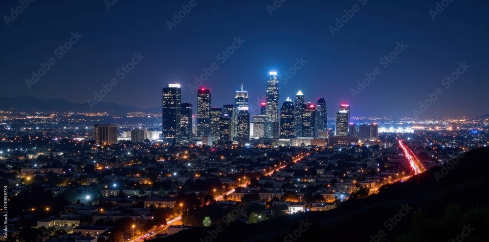 Fototapeta premium Night view of LA's downtown skyscrapers, glittering lights , USA, america