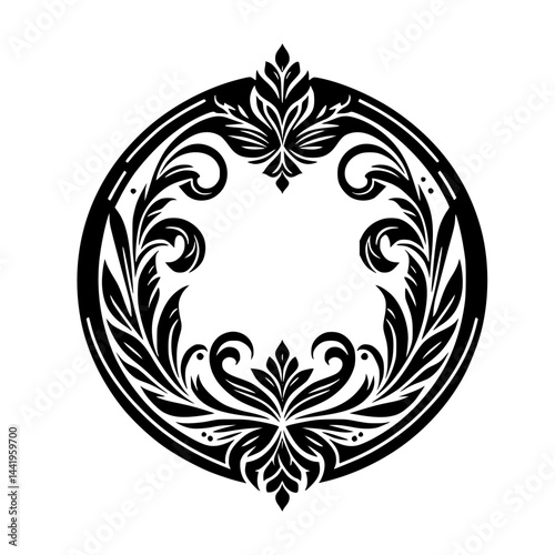 Elegant Circular Floral Design Element, Black and White