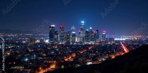 Night view of LA's downtown skyscrapers, glittering lights , USA, america