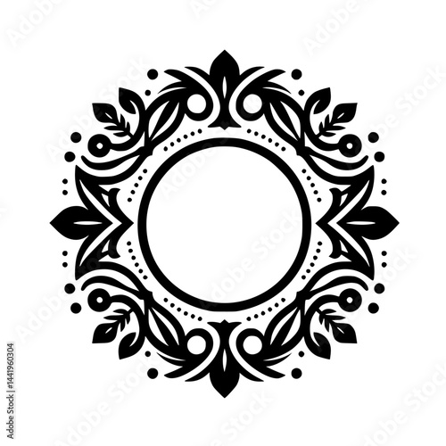 Elegant Circular Floral Frame in Black & White, Decorative Design Element