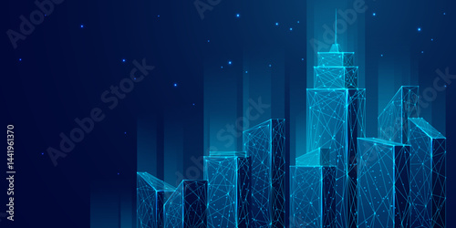 Futuristic city landscape background blue. Low poly wireframe night buildings with glowing effect. Abstract tech smart cityscape background. Innovation skyscrapers and offices. Vector illustration.
