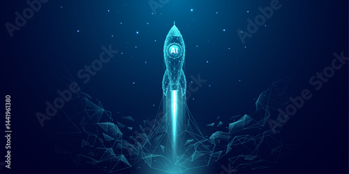 Fototapeta Naklejka Na Ścianę i Meble -  Abstract polygonal launch rocket with AI chip. Artificial Intelligence innovation and boosting concept. Machine learning spaceship. Digital technology dark blue background. Vector wireframe tech bg.