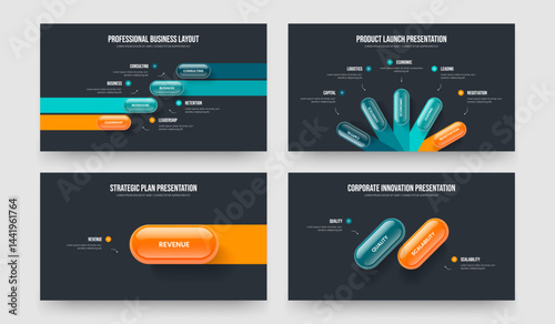 Consulting Portfolio 4 5 1 2 Option Diagram Slideshow Layout Bundle. Visual Development Four Five One Two Step Infographic Slide Template Vector Illustration Collection.