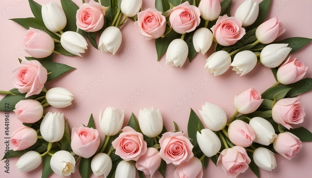 Fototapeta premium Elegant pink roses and white tulips form a delightful floral arrangement against a pastel background.