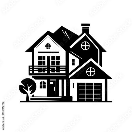 Modern Black & White House Illustration: Real Estate Logo, Vector