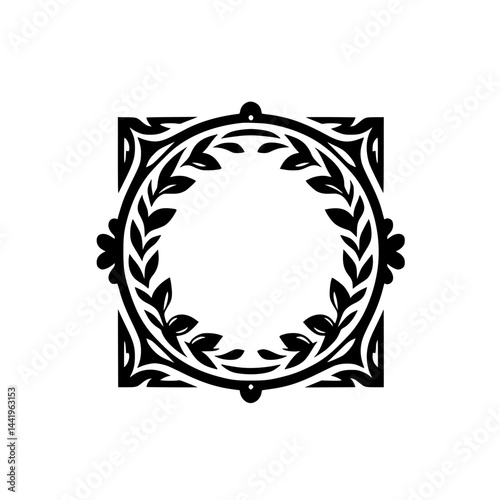 Elegant Floral Wreath Frame in Black and White, Isolated on White