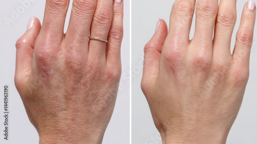 Comparison of skin before and after brightening serum treatment, left side dull and dry, right side radiant, smooth and glowing