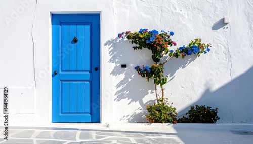 Picturesque Mediterranean home featuring vibrant blue door and charming balcony 
 photo