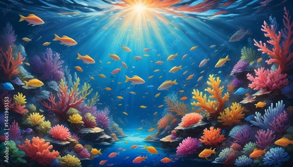 Fototapeta premium A gorgeous depiction of vibrant coral reefs and a school of fish swimming under the sea.