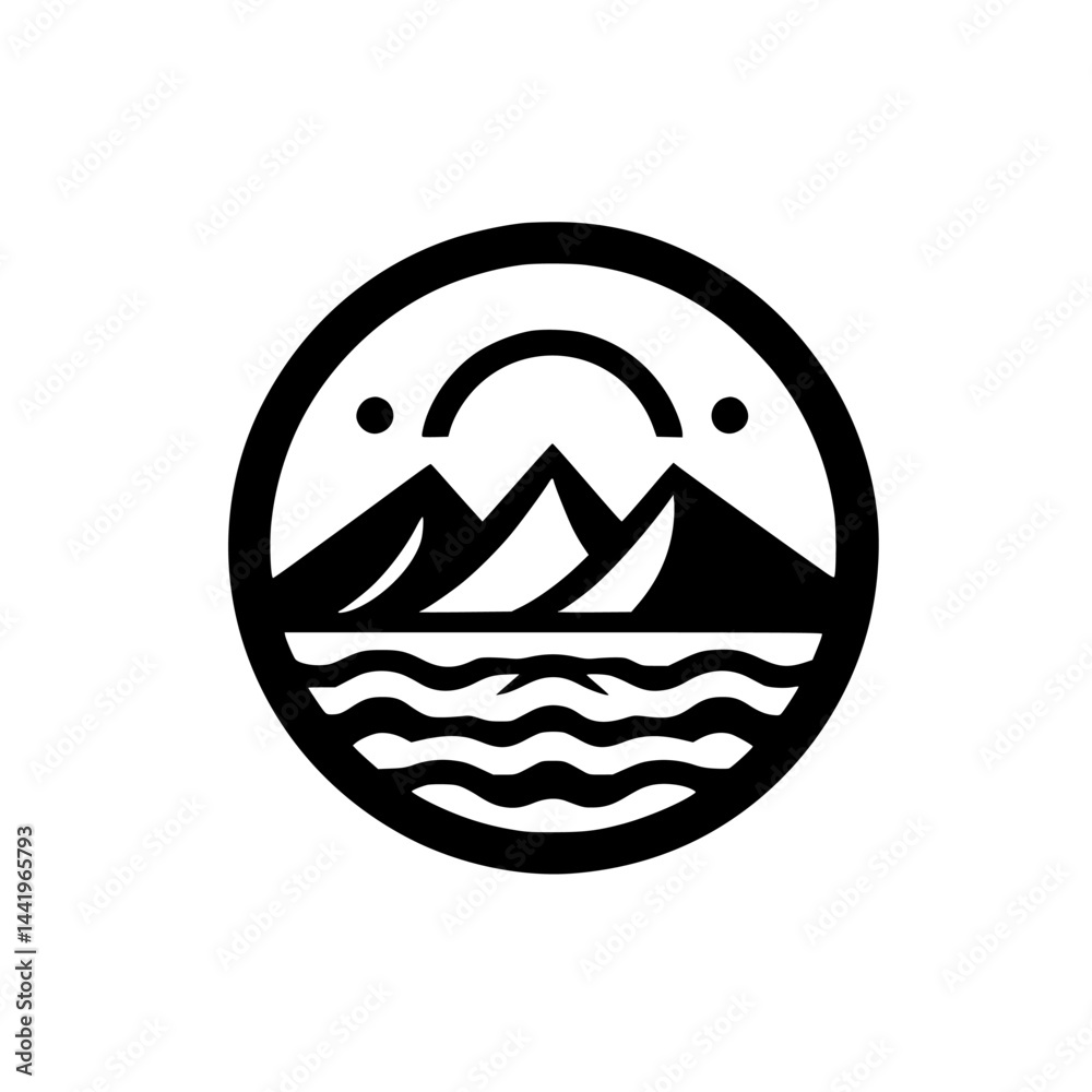 Obraz premium Modern Mountain & Water Icon: Minimalist Nature Badge, Black & White Logo