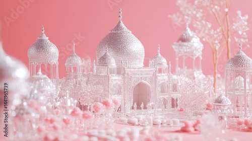 Crystal-Like Sugar Taj Mahal Displayed on Pink Fantasy Background.