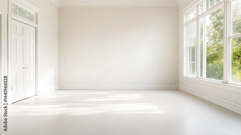 Fototapeta premium Bright empty room features white walls, wooden floor, a large window with green trees outside, and natural sunlight casting soft shadows.