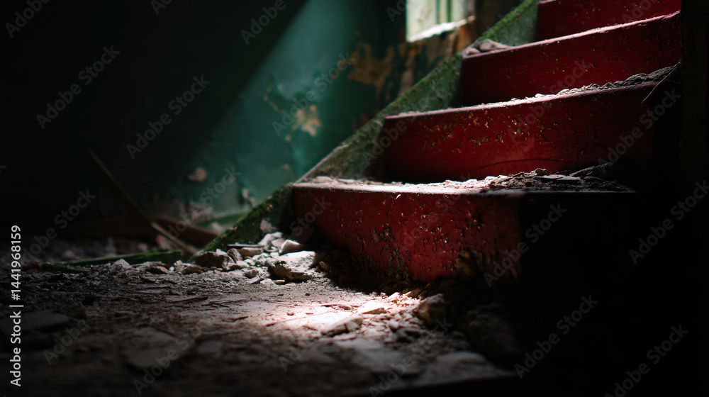 A decaying staircase with red steps spirals through a green crumbling building. A decaying staircase with red steps spirals through a green crumbling building.