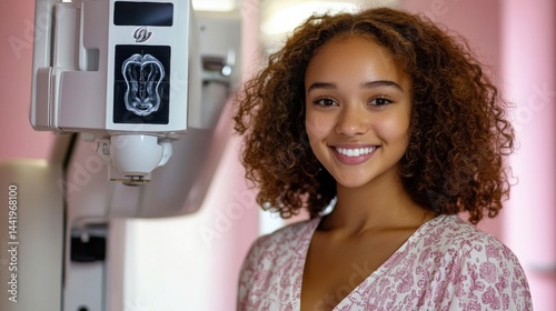 Confident young woman getting mammogram test at medical facility - healthcare and wellness concept
