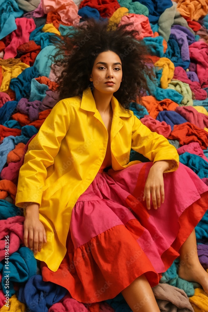 Fototapeta premium A confident woman with voluminous, wild hair wearing a vibrant yellow raincoat over a bold, voluminous pink and red skirt, seated amidst a chaotic, yet artistic pile of colorful clothes.