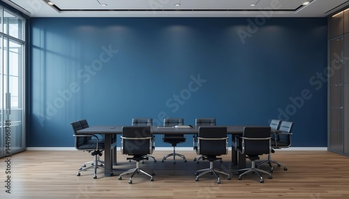 Navy blue wall mockup in a professional meeting room with modern glass paneling for formal business presentations with empty copy space