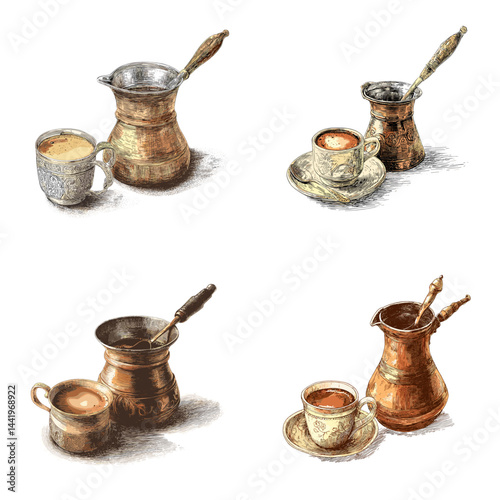 Watercolor illustrations of traditional coffee pots (cezve) and cups. Ideal for Turkish or Arabic coffee themes, cultural drinks, and vintage kitchen design content.

