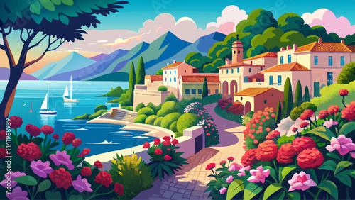Seafront landscape with azalea flowers. French reviera, view of stunning picturesque coastal town
