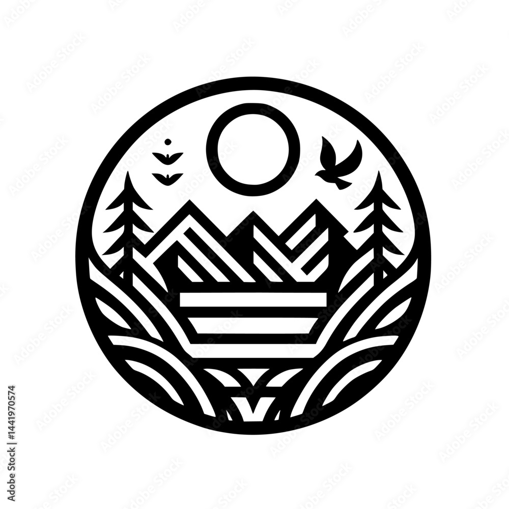 Minimalist Nature Badge: Circle Design of Mountains, Trees, and Bird Minimalist Nature Badge: Circle Design of Mountains, Trees, and Bird