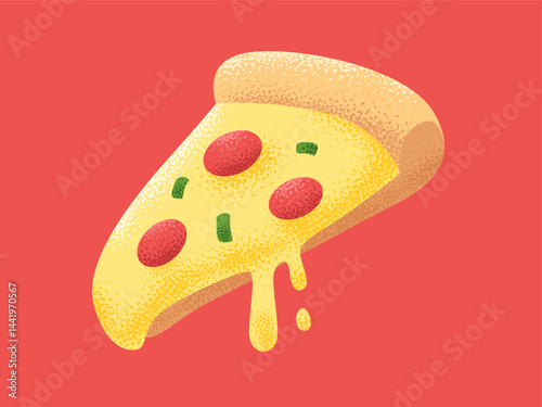 A mouthwatering slice of pizza, cheese dripping enticingly against a vibrant red background. capturing the essence of comfort food.