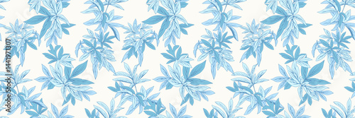 Seamless botanical pattern delicate leaves in soft blue tones. Ideal for fabrics, stationery, and home decor, evoking a calm and elegant atmosphere Beautiful  branches leaves reap print.