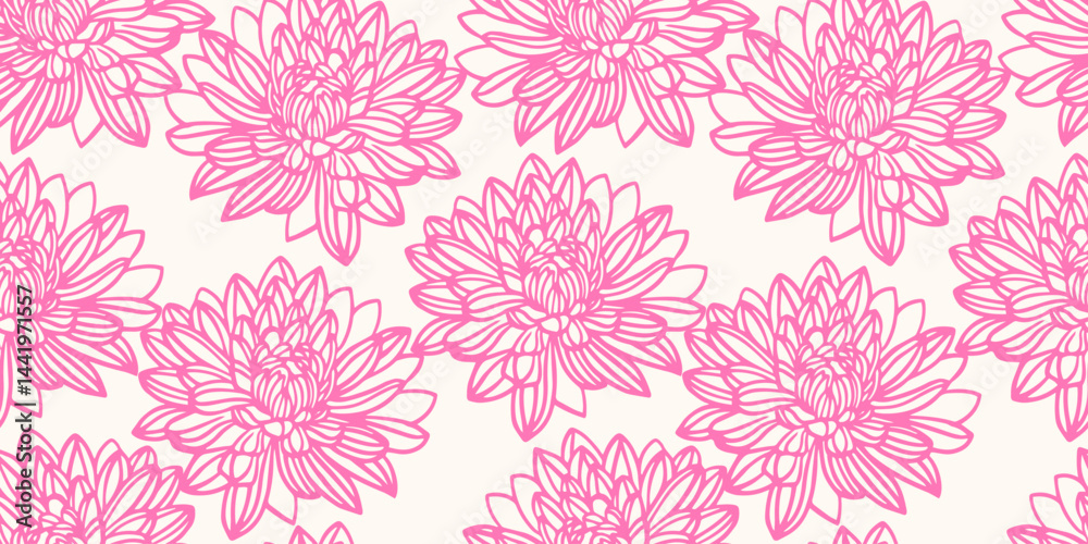 Obraz premium Minimalist seamless floral pattern with large, detailed pink line-drawn flowers on white background. Perfect for modern textiles, packaging, wallpaper, and home decor, sophisticated monochrome look.