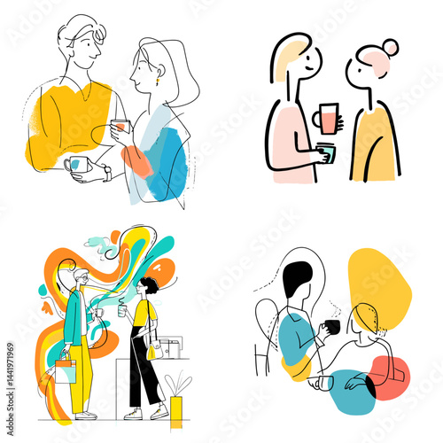 Set of hand-drawn people enjoying coffee and conversations in casual settings, ideal for lifestyle, community, or social interaction visuals.


