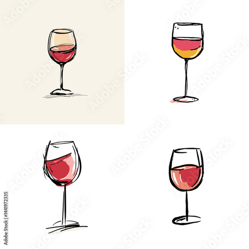 Hand-drawn illustrations of wine glasses with red and white wine in a minimalist, sketch style, perfect for beverage, dining, or elegant lifestyle content.

