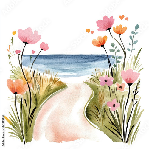 Serene pastel watercolor beach pathway with blossoming flowers leading to ocean horizon