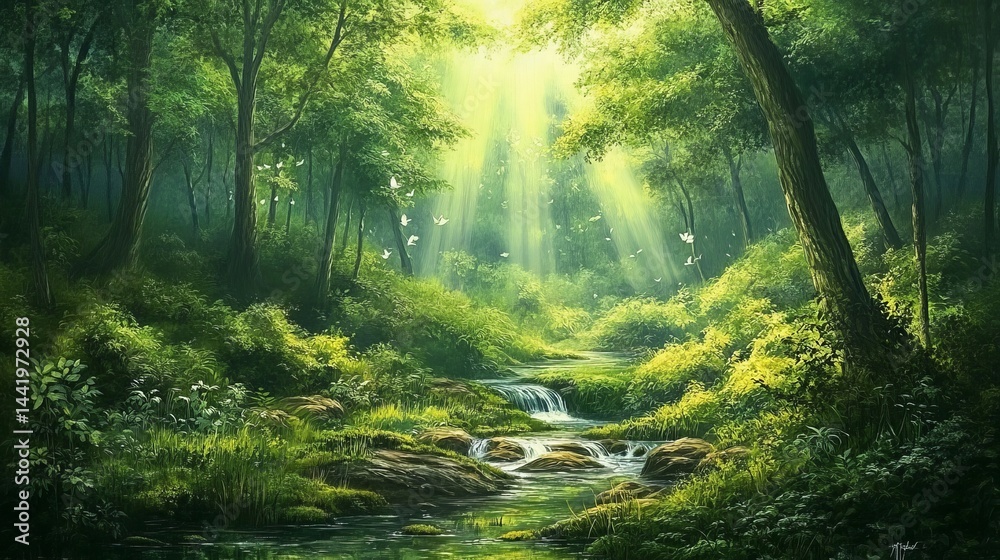 Obraz premium Serene green forest landscape with sunbeams and birds peaceful nature scene tranquil woodland setting
