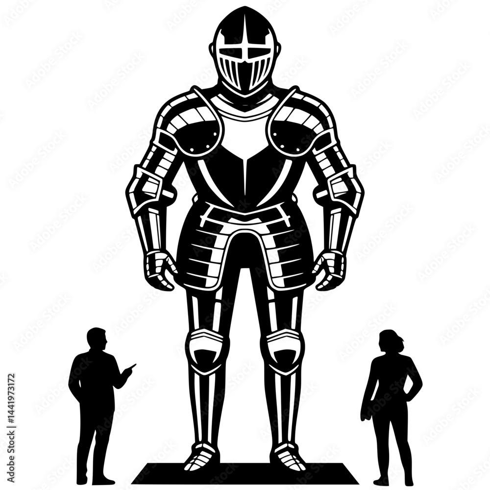 Fototapeta premium Silhouette of a knight’s armor suit on display, viewed from the front, flanked by two small silhouetted museumgoers, all black on white background