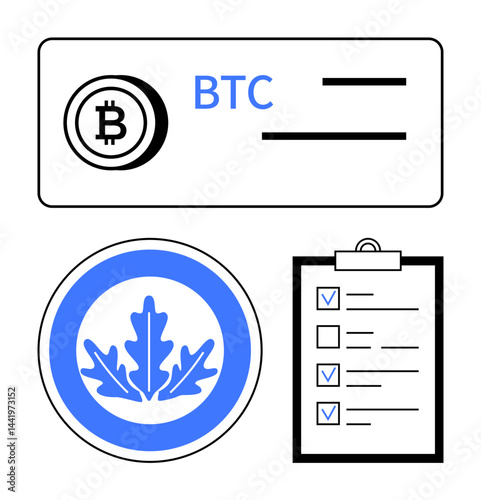 Bitcoin currency transaction card, oak leaf coin design in blue circle, and clipboard with outlined checklist. Ideal for cryptocurrency, digital finance, branding, task management, fintech