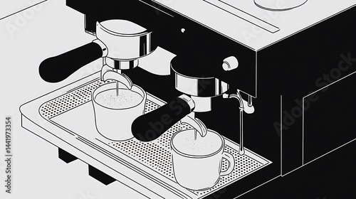 Close up view of a black espresso machine with two portafilters and cups on a drip tray. The image is in grayscale, showing the machine's components and functionality. The focus is on the brewing