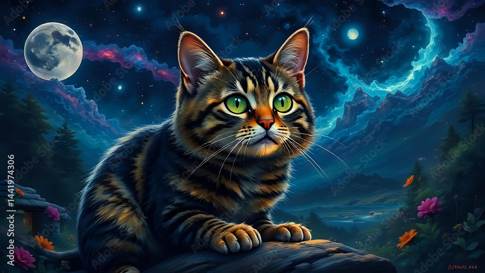 Fototapeta The Cat Roams Through Midnight Dreams