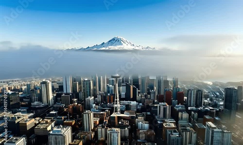 Aerial view of Seattle skyline with Space Needle and snowy mountain in the background.